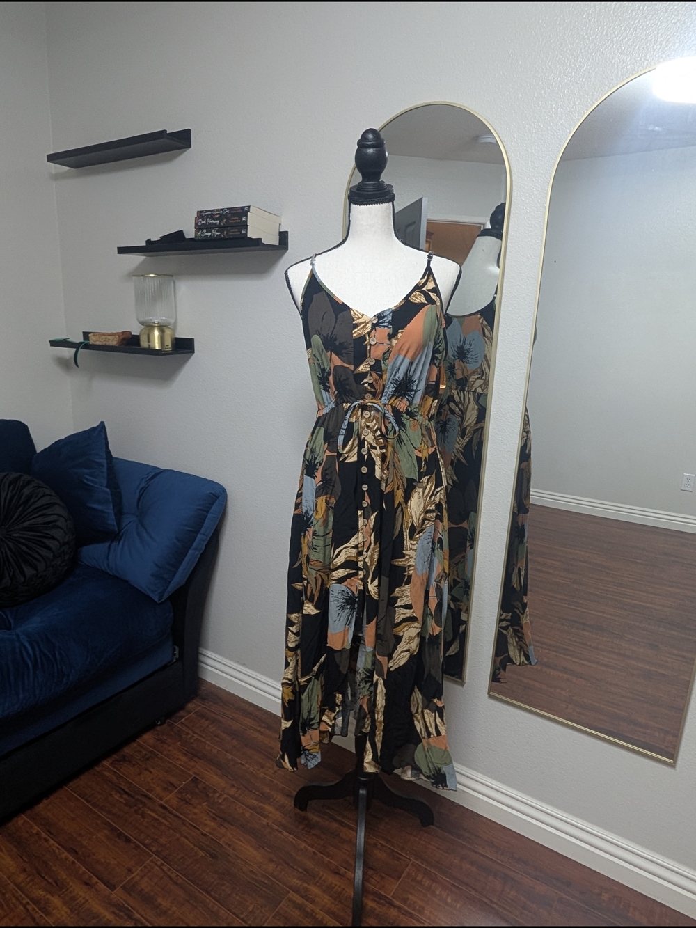 Black Floral Tie-Waist Midi Dress with Spaghetti Straps